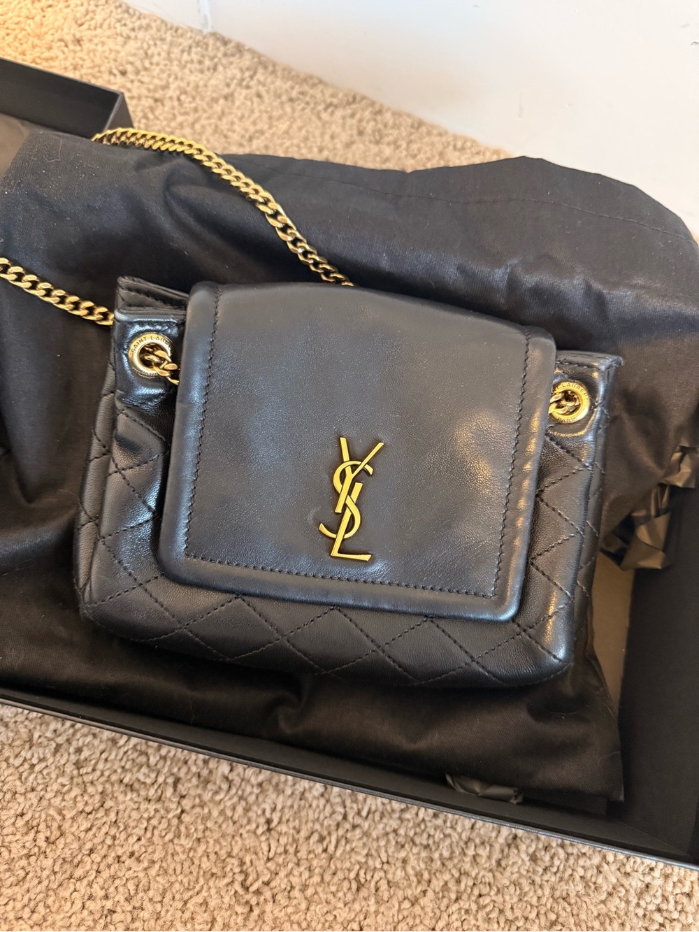 Yves Saint Laurent Black Leather Quilted Shoulder Bag with Gold Chain